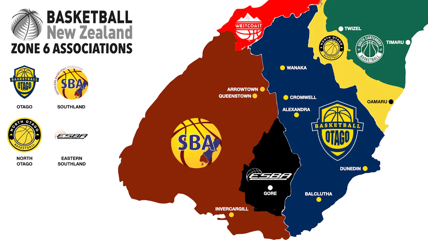 Basketball New Zealand Zone 6 associations map